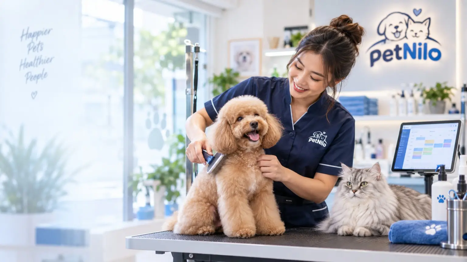 หน้าจอตารางคิวในร้านกรูมมิ่ง PetNilo พร้อมกรูมเมอร์และน้องแมว